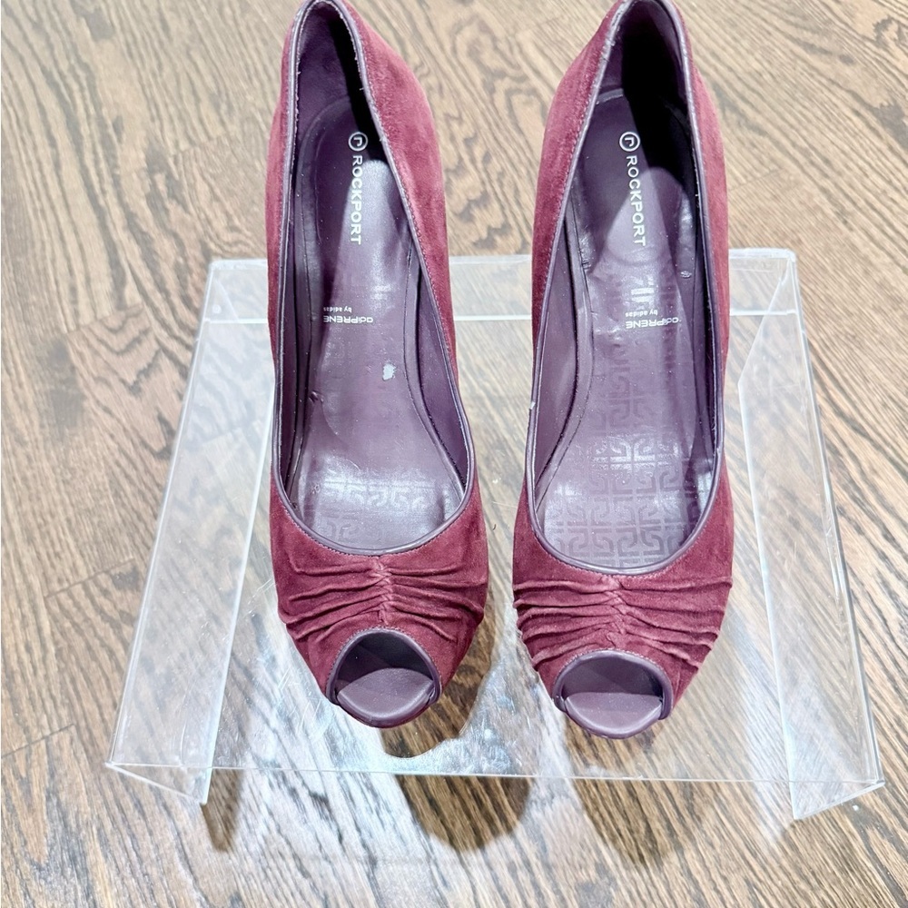 Rockport Burgundy Suede Platform Peep Toe Heels Size 8 - Picture 3 of 9
